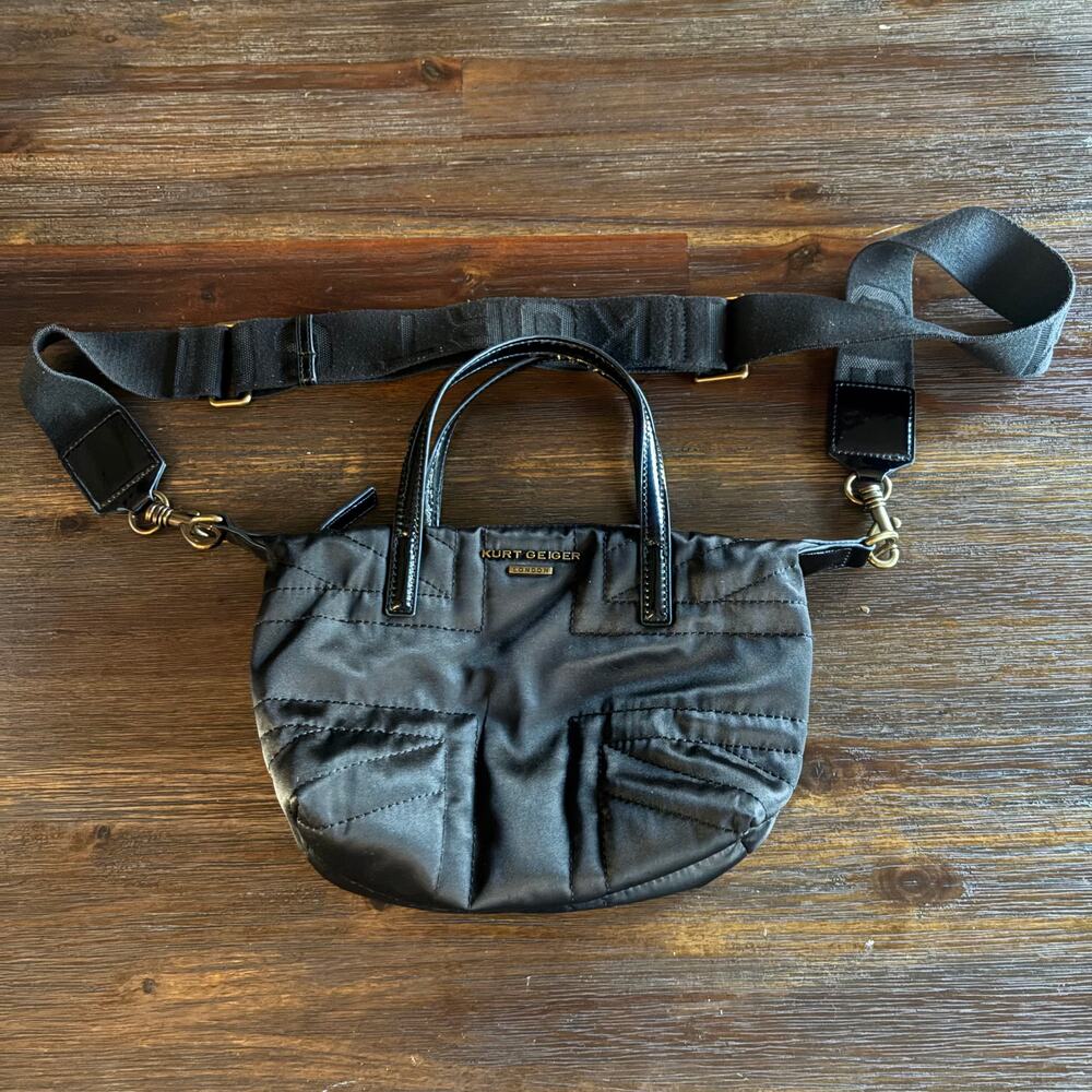 KURT GEIGER LONDON | Black Quilted Nylon Crossbody Satchel Patent Handles